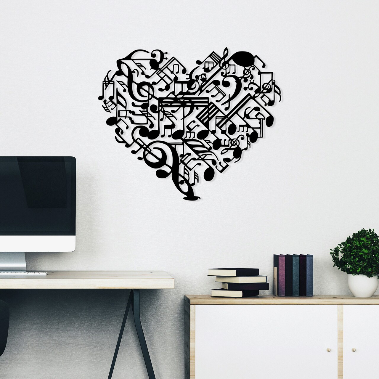 Decoratiune de perete, Musical Heart, Metal, Dimensiune: 74 x 60 cm, Negru