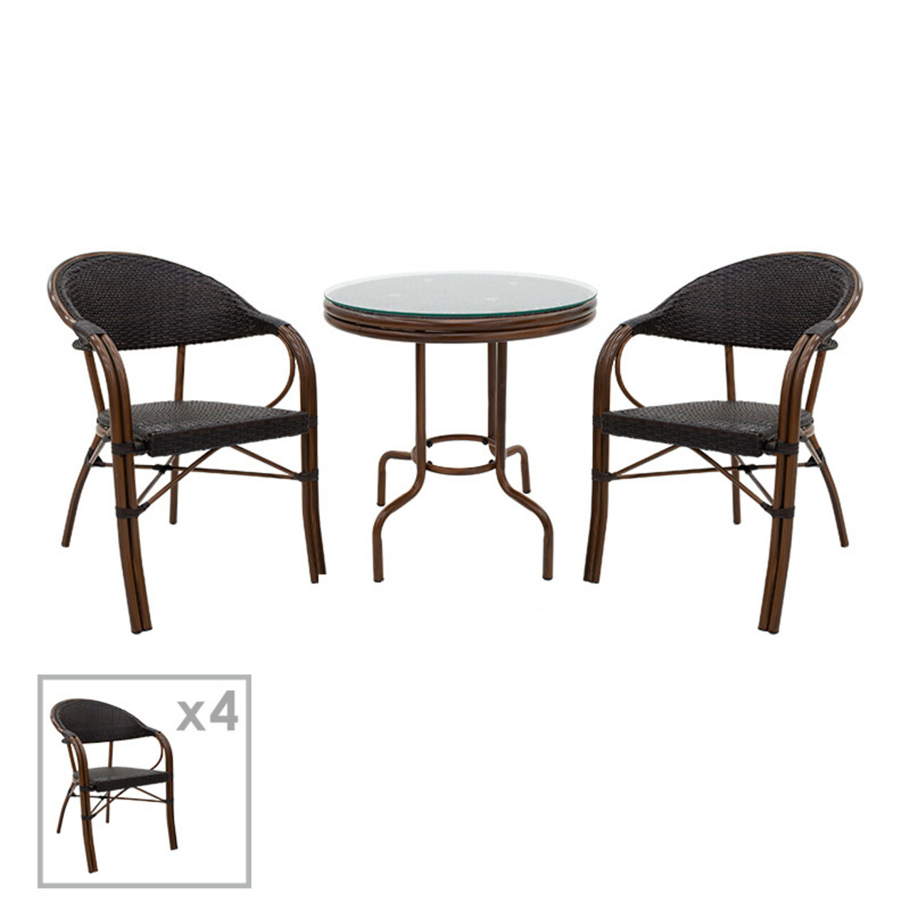 Set mobilier de gradina 5 piese Paula, Pakoworld, masa si 4 scaune, 90x90x75 cm, metal/sticla/ratan sintetic, maro