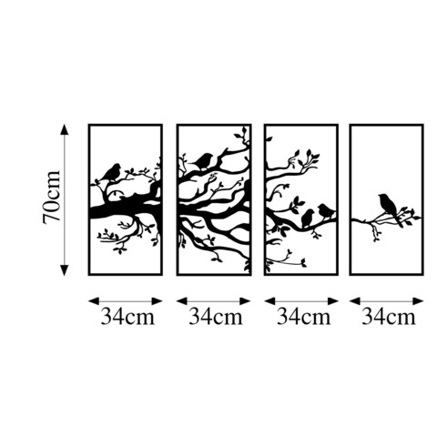 Decoratiune de perete, Tree Branch And Birds, Metal, 34 x 70 cm, 4 piese, Negru