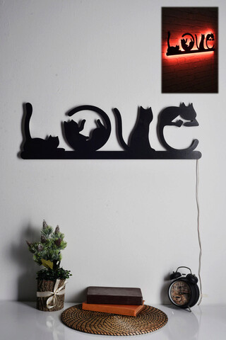 Decoratiune luminoasa LED, Cat Love, MDF, 60 LED-uri, Rosu