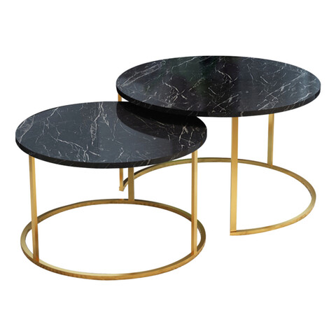 Set 2 masute de cafea Solme, Pakoworld, 75x75x45 cm/60x60x40 cm, PAL/metal, negru marmorat/auriu