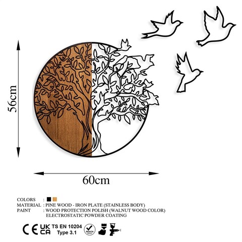 Decoratiune de perete, Tree And Birds 2, Lemn/metal, Dimensiune: 60 x 56 cm, Nuc / Negru