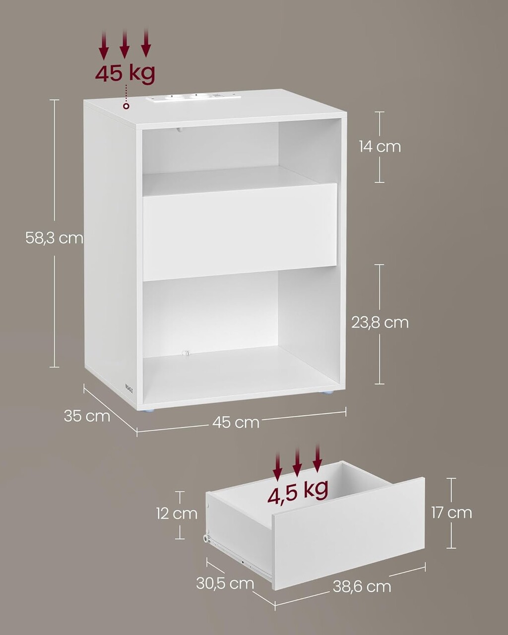 Noptiera cu priza si USB incorporate, Vasagle, 45x35x58.3 cm, PAL, asamblare fara unelte, alb mat