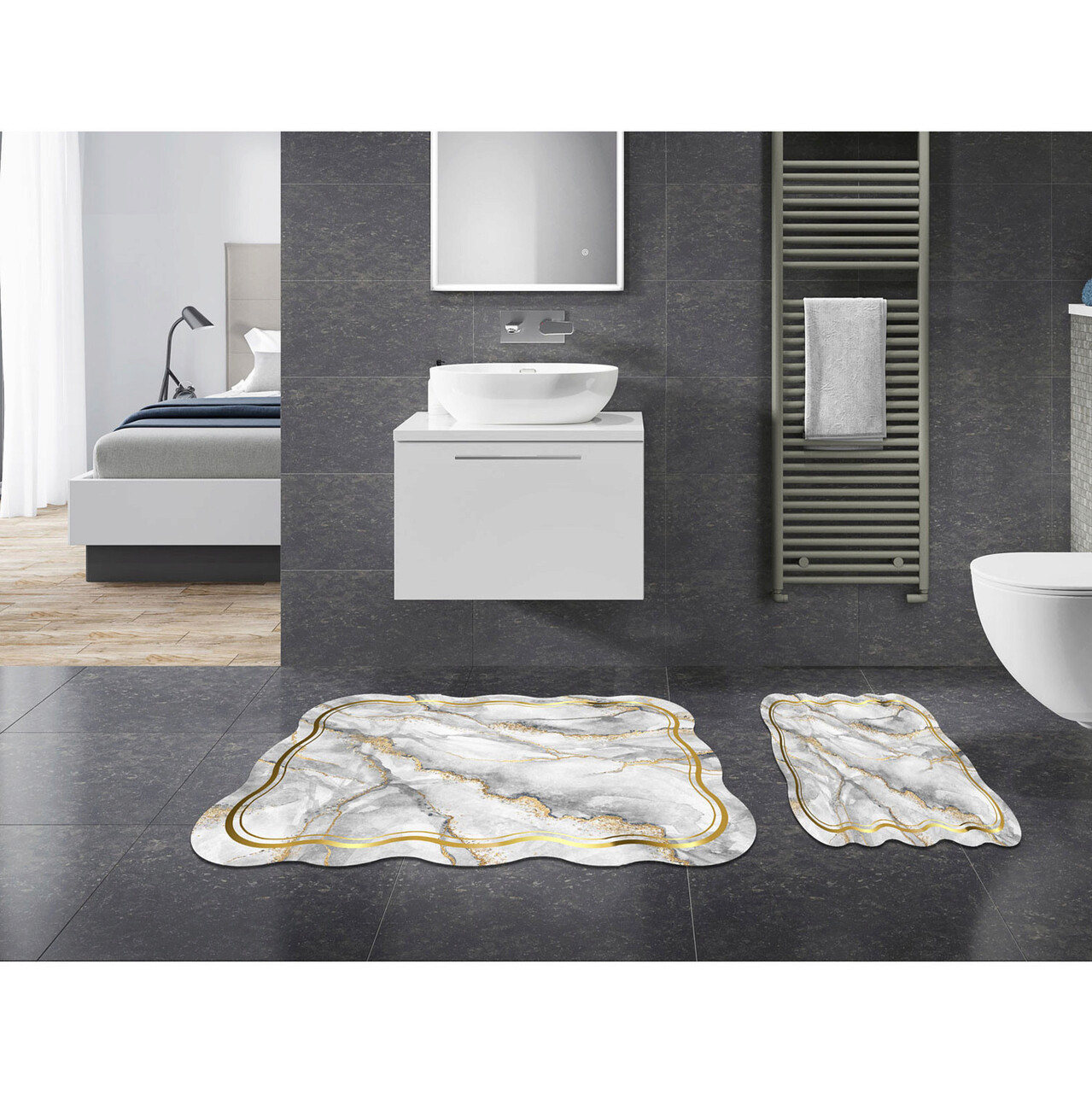 Set covorase de baie 2 piese, Alanur Home, 21018915GR, Poliester, Gri