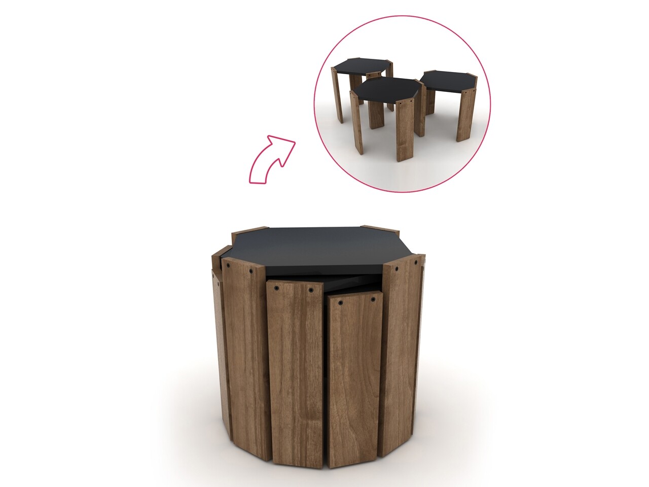 Set 3 Masute Rafevi Hansel Nesting, 44.5 X 44.5 X 41 Cm, PAL, Walnut/negru