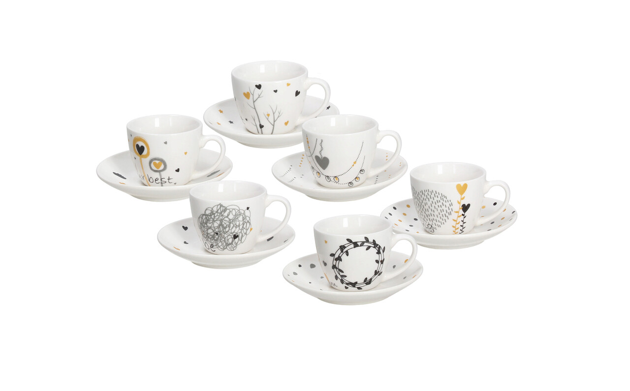 Set 6 cesti de cafea cu farfurie Iris Goldy, Tognana Porcellane, 80 ml, portelan New Bone China, multicolor