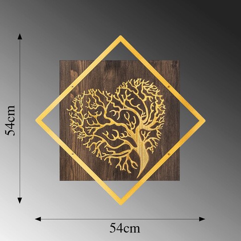 Decoratiune de perete, Tree v3, 50% lemn/50% metal, Dimensiune: 54 x 54 cm, Nuc / Aur