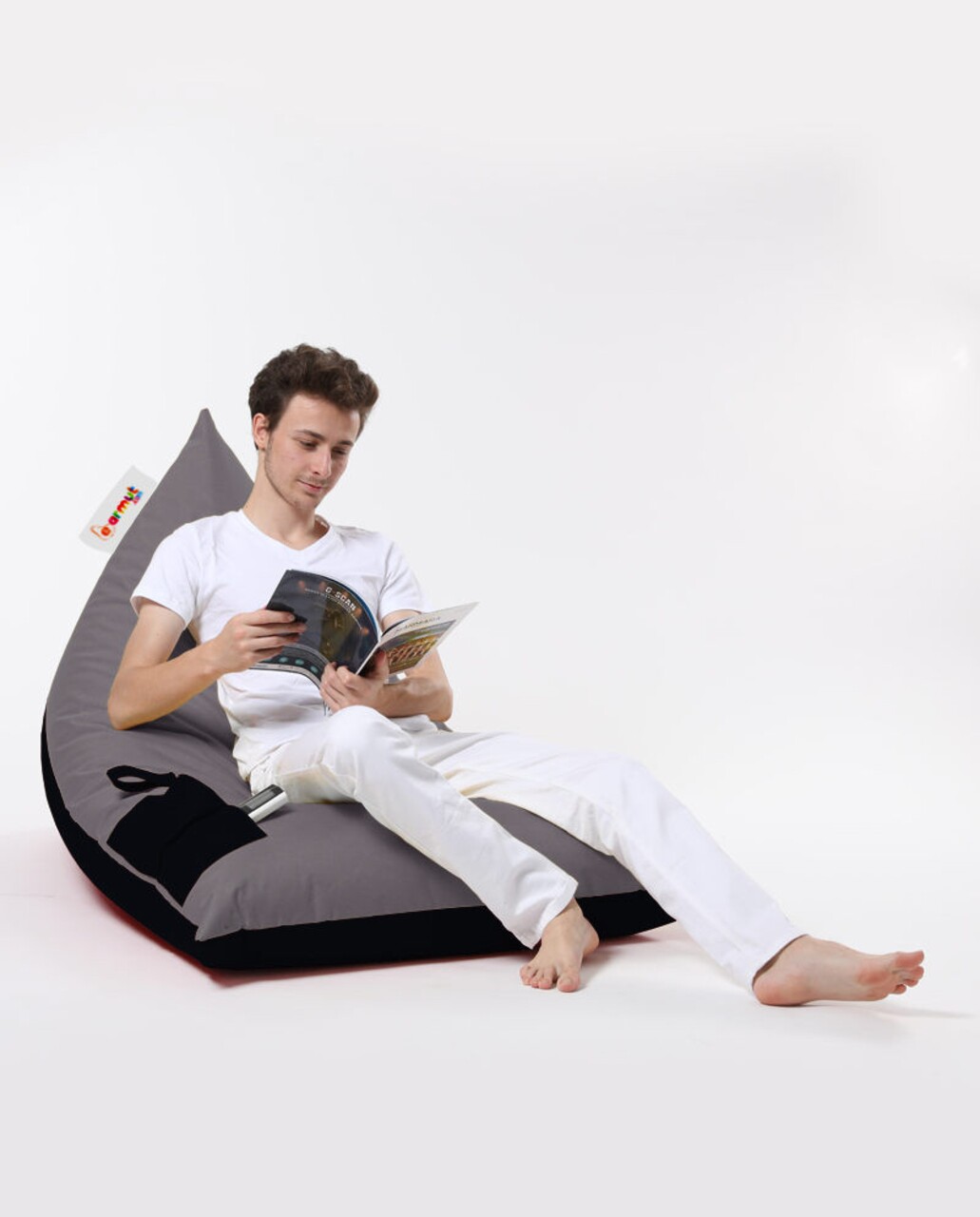 Fotoliu puf, Bean Bag Ferndale, Pyramid Double Color, 145 cm, poliester impermeabil, gri fumuriu/negru