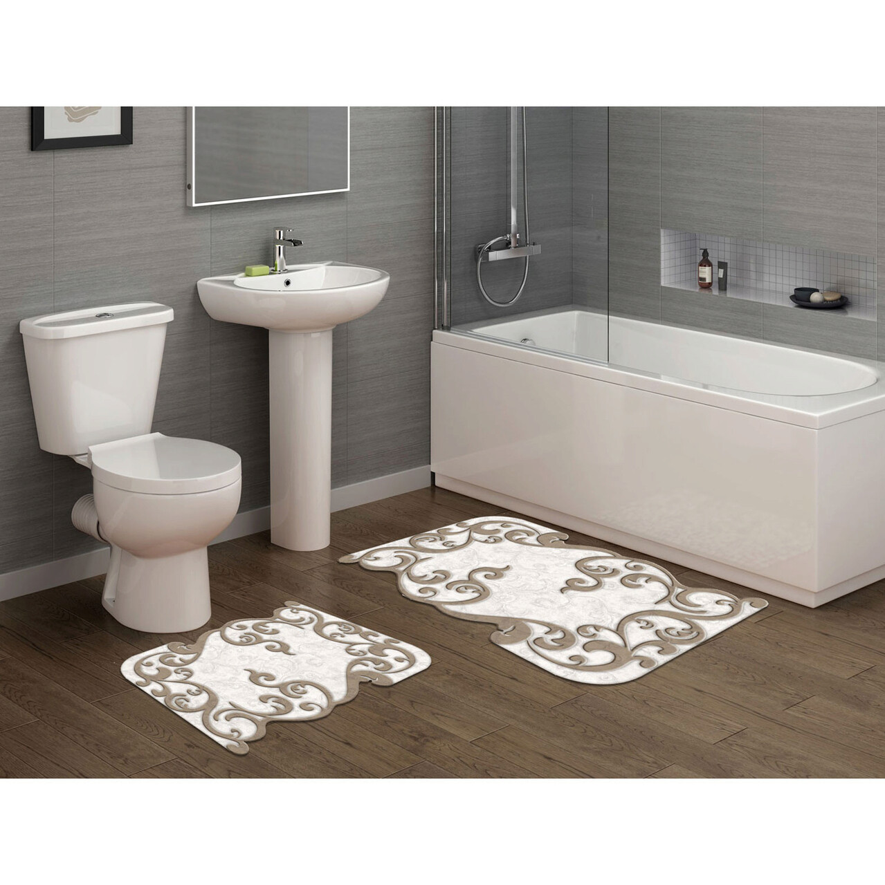 Set covorase de baie 2 piese, Alanur Home, 210FG41515BJ, Poliester, Bej/Alb