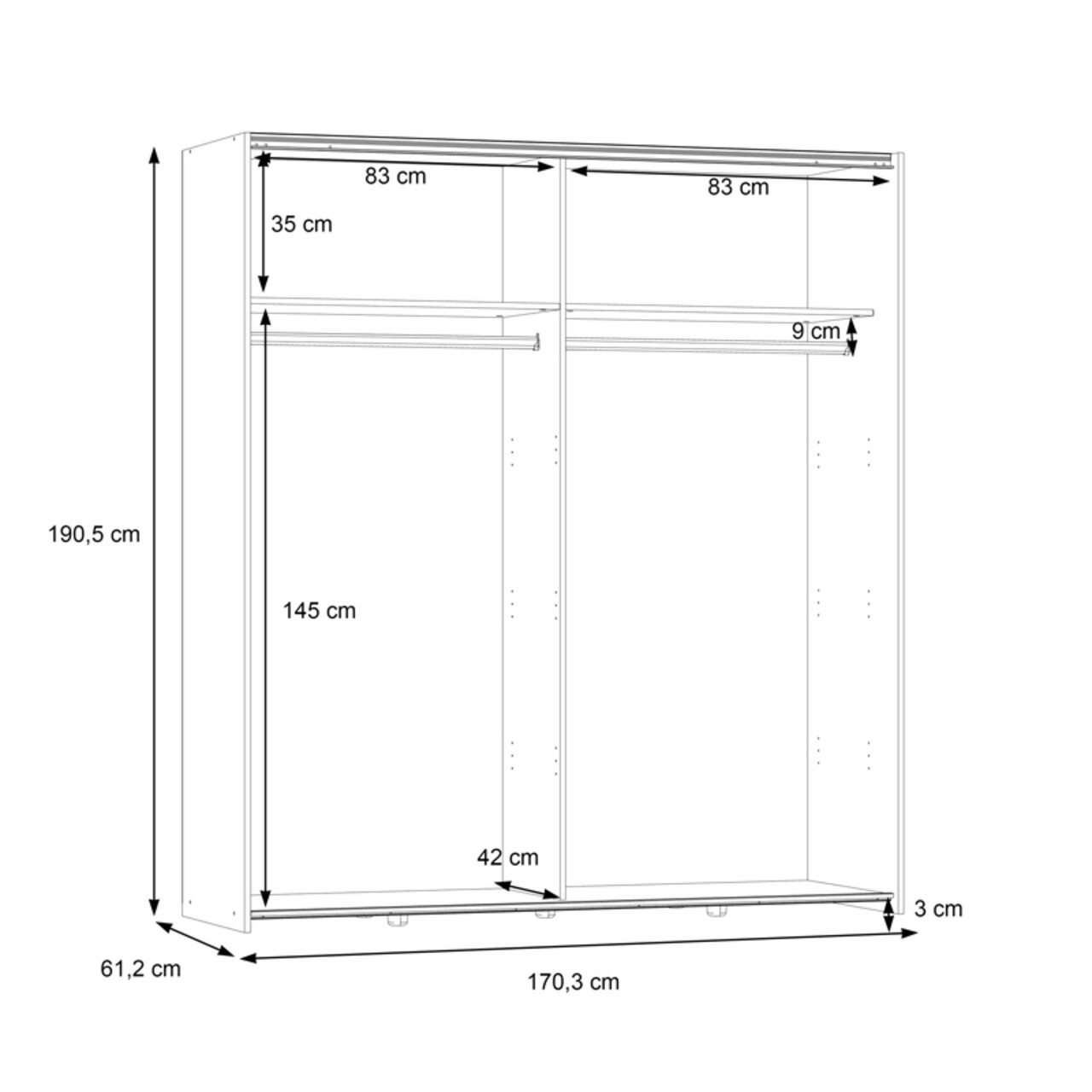 Dulap pentru haine Noez, Pakoworld, cu 2 usi, 170.5x61x190.5 cm, PAL melaminat, maro