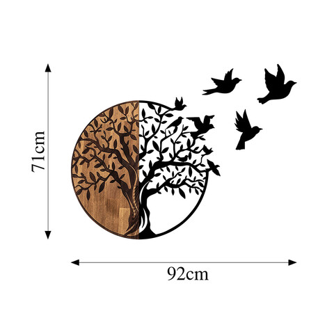 Decoratiune de perete, Tree And Birds, 50% lemn/50% metal, 92 x 3 x 71 cm, Nuc negru