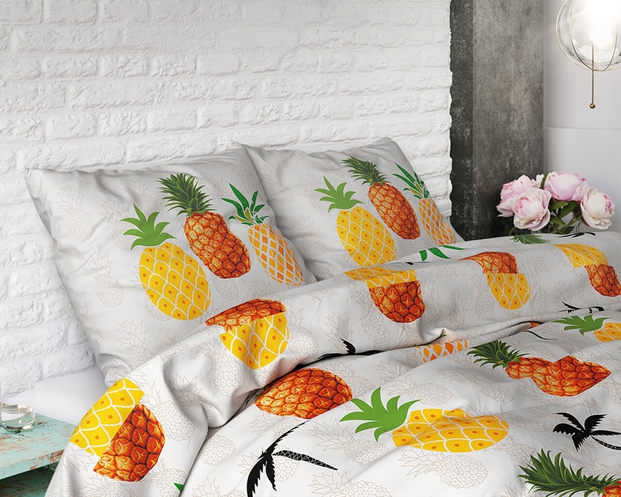 Lenjerie De Pat Dubla Pineapple White, Sleeptime, 3 Piese, Cotton Blended, Multicolora