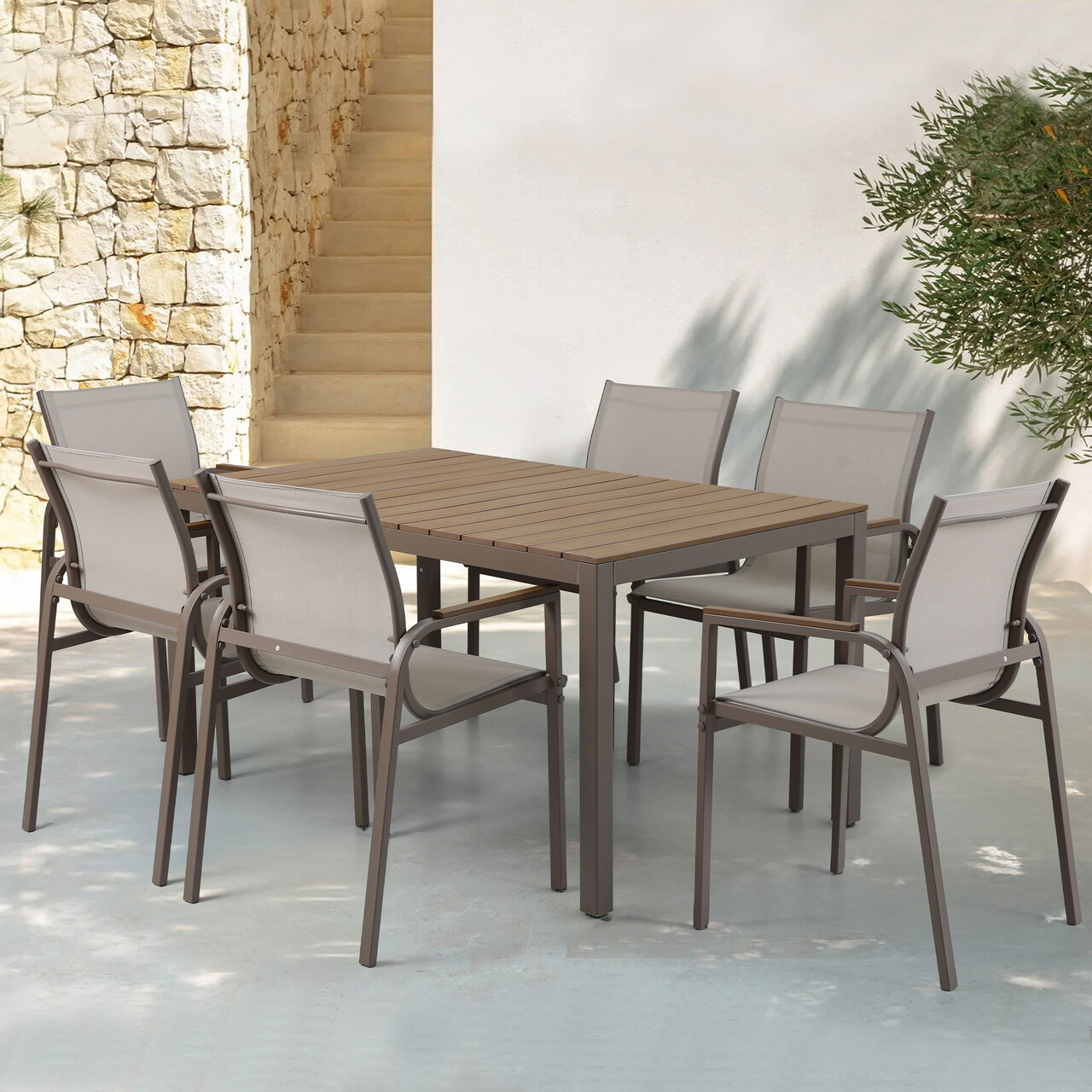 Set 6 scaune si masa Parma, 150x90x75 cm/ 56.5x64x91 cm, otel/textilina, bej/natur