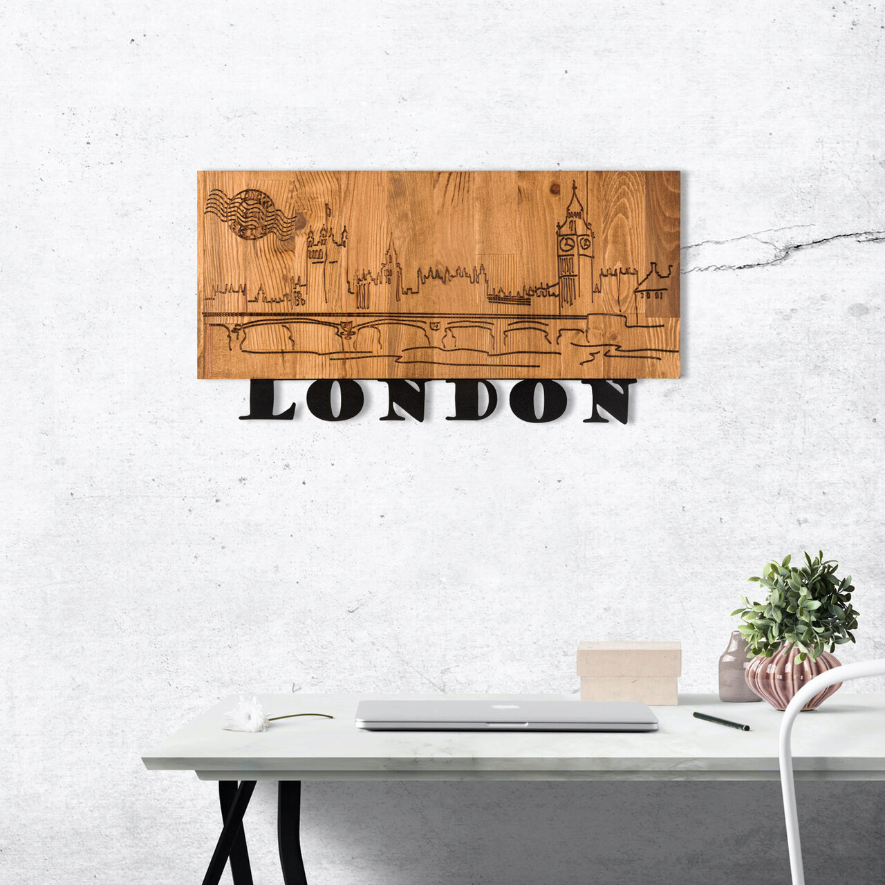 Decoratiune de perete, London v2, lemn/metal, 58 x 30 cm, negru/maro - 2 | YEO