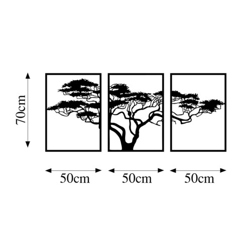 Decoratiune de perete, Acacia Tree, Metal, 50 x 70 cm, 3 piese, Negru