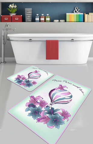 Set covoraș de baie (2 bucăți), Chilai, Purple Balloon, Catifea, Multicolor