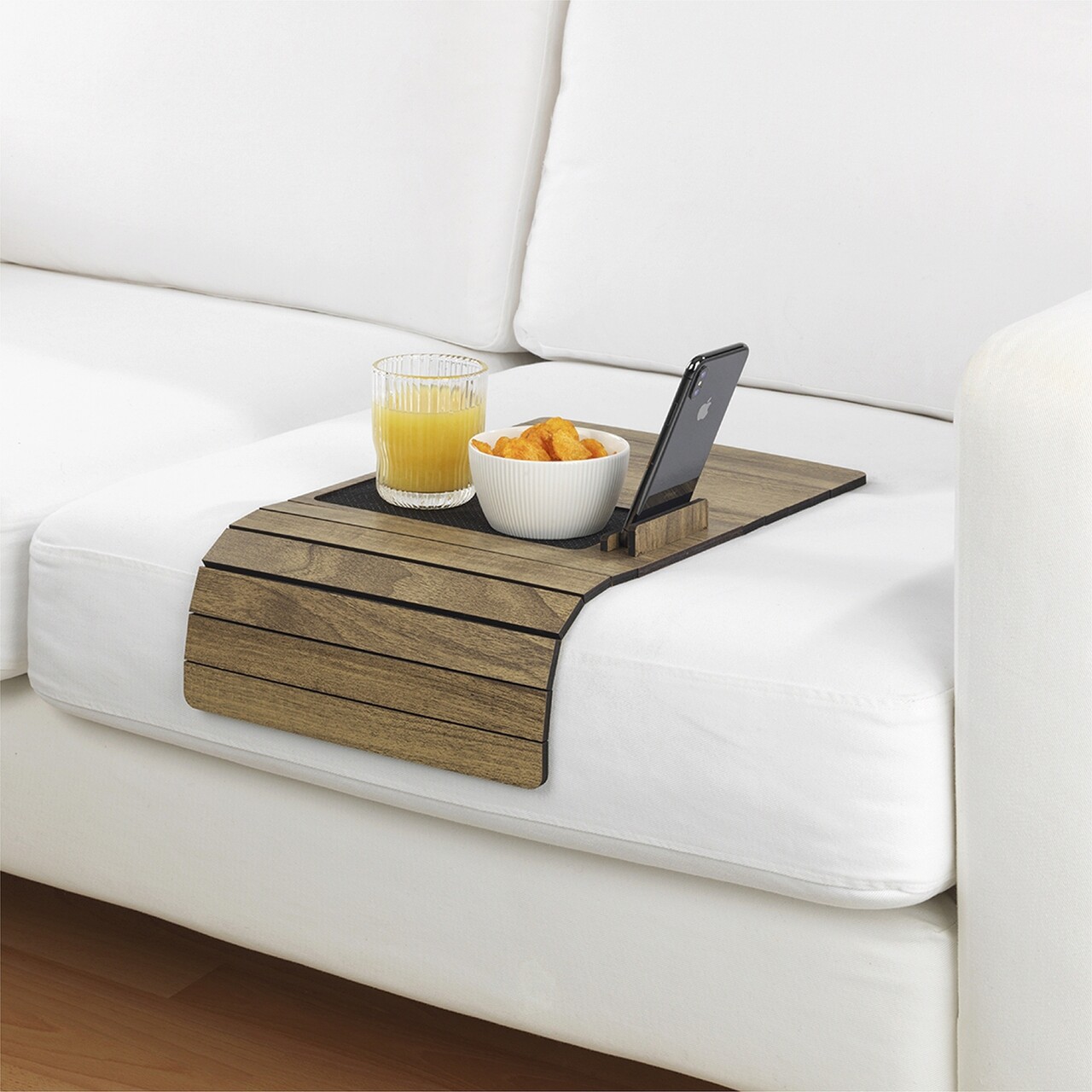 Tava multifunctionala pentru canapea, cu suport pentru smartphone si tableta Maximex, Sofa, 49x28x0.8 cm, MDF, maro/negru