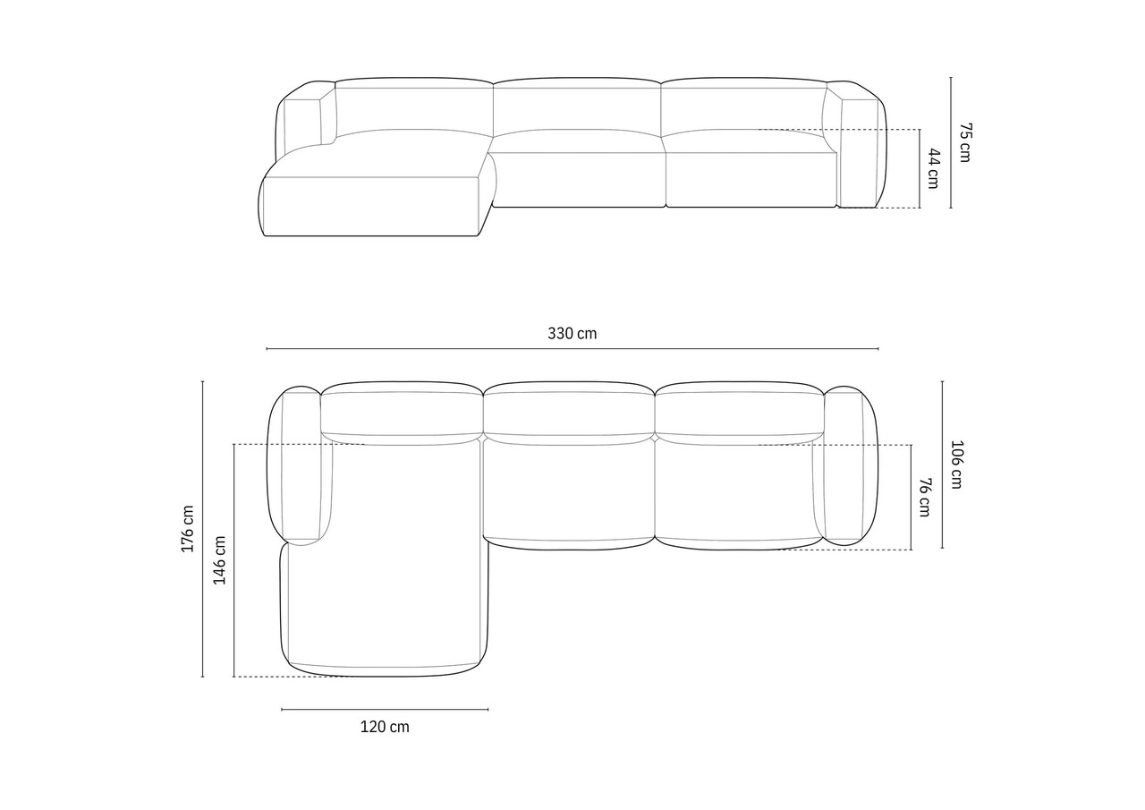 Coltar modular stanga 3 locuri, Martina-120, Micadoni Home, 332x176x75 cm, catifea, bej inchis