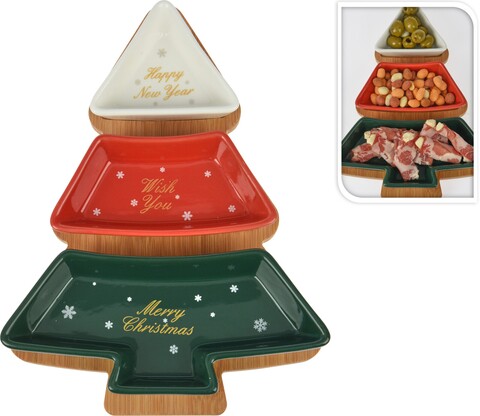 Set boluri pentru gustari Xmas Tree, 4 piese, bambus/gresie, multicolor