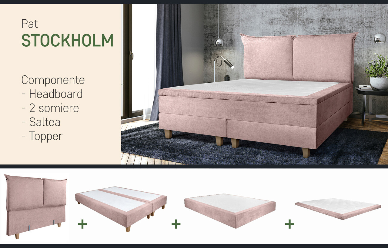 Pat matrimonial, Stockholm, Pillows E, 140x200 cm, saltea tip Pocket, topper memory, Roz pudra - 1 | YEO