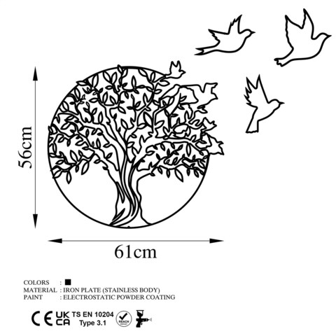 Decoratiune de perete, Tree And Birds 3, Metal, Dimensiune: 61 x 56 cm, Negru