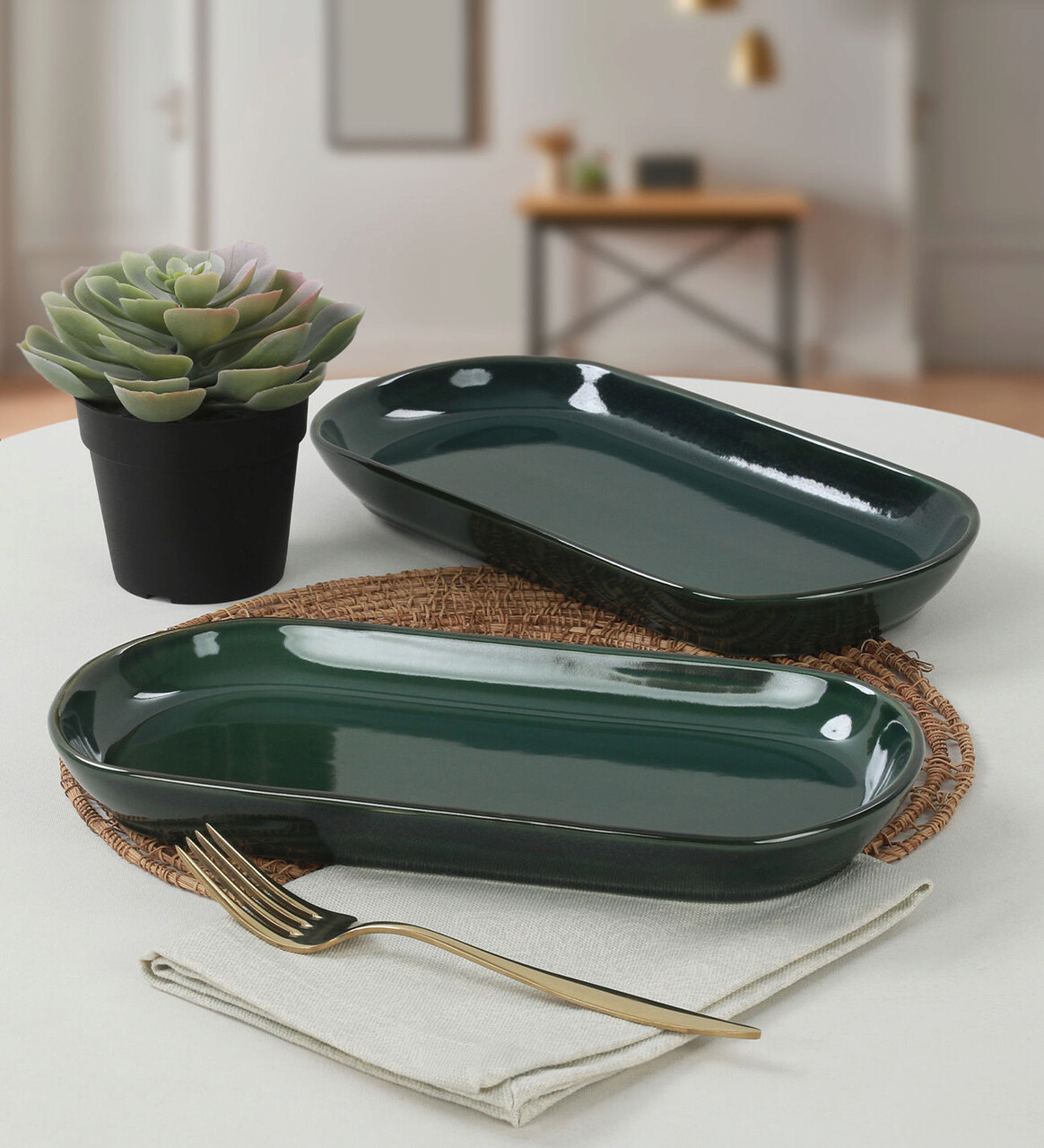 Set platouri servire, Keramika, 275KRM1426, Ceramica , Nu absoarbe apa, Verde