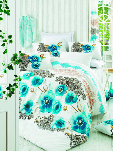 Lenjerie de pat pentru o persoana (EU) (IT), Merve - Turquoise, Pearl Home, Bumbac Ranforce