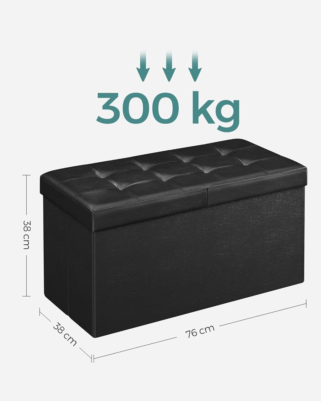 Bancheta cu capac rabatabil, Vasagle, 76x38x38 cm, max 300 kg, cu spatiu de depozitare 80 L, piele ecologica, negru