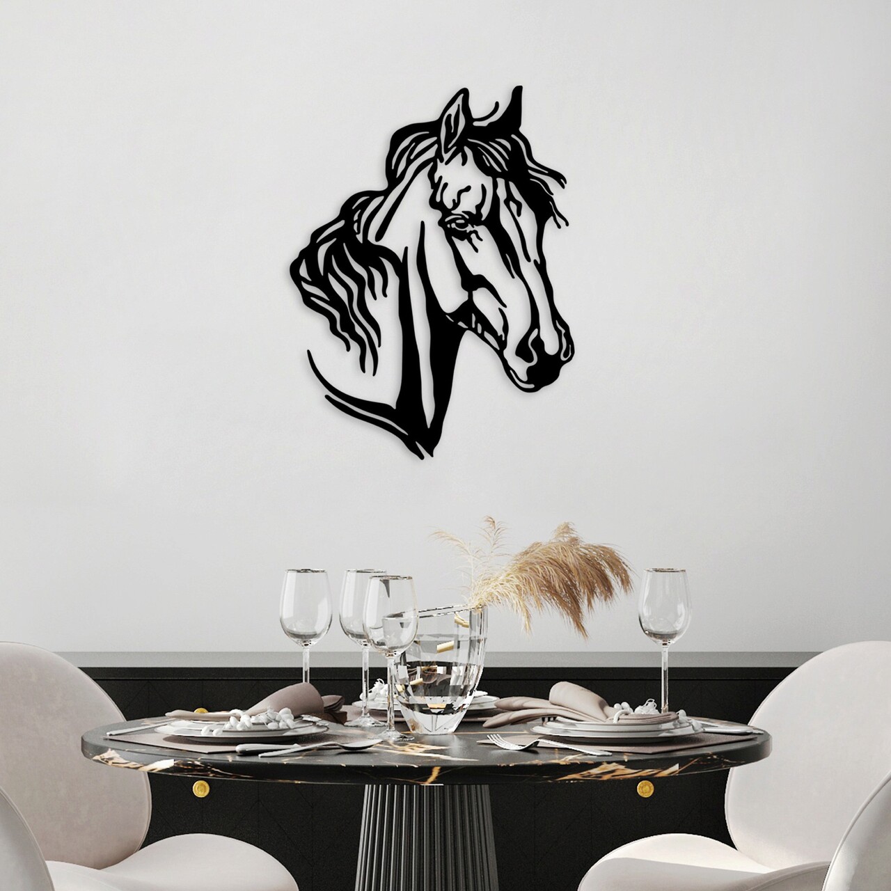 Decoratiune de perete, Horse 2, Metal, Dimensiune: 43 x 56 cm, Negru - 1 | YEO