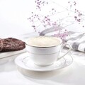 Set 6 cesti cu farfurie pentru cafea Aura Silver, Ambition, 220 ml, portelan New Bone China, alb