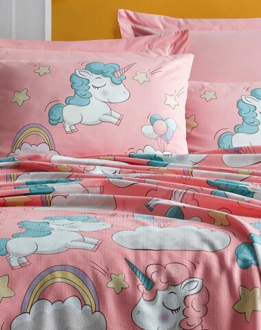 Set cuvertura pique dubla, Unicornio - Pink, EnLora Home, Bumbac