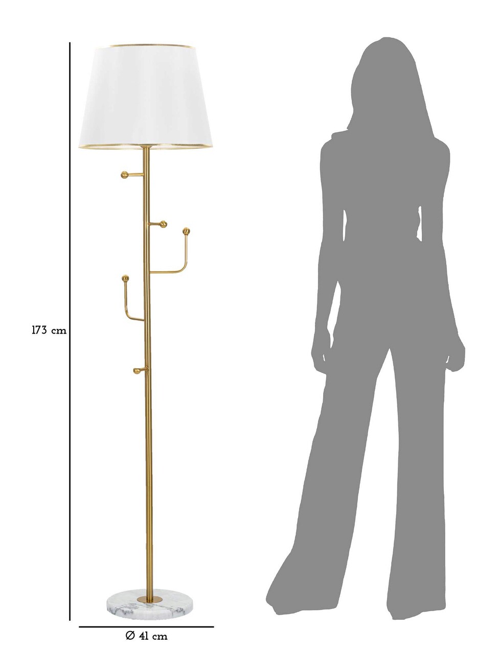 Lampadar Glam, Mauro Ferretti, Ø41 x 173 cm, 1 x E27, 40W, fier/textil, auriu/alb