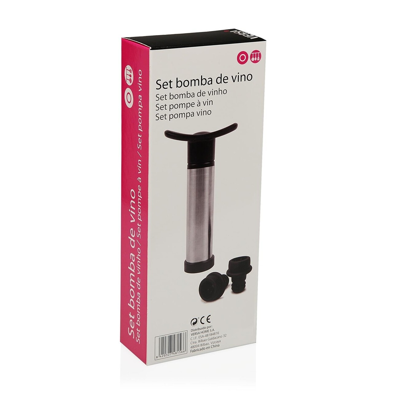 Pompa de vacuum pentru sticla de vin cu 2 dopuri, Versa, 16x8x8 cm, aluminiu/silicon