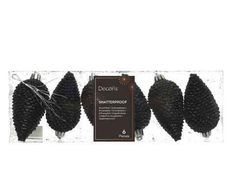 Set 6 globuri Pinecone Black, Decoris, 4.5x8 cm, plastic, negru