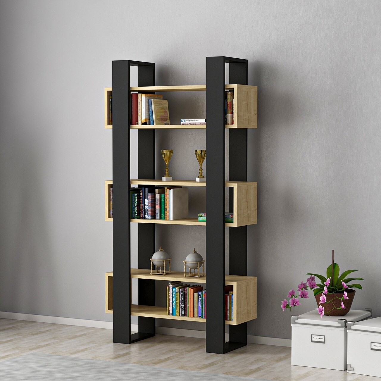 Biblioteca Carmen, Ametti, 80 x 25.6 x 160 cm, oak/negru - 1 | YEO