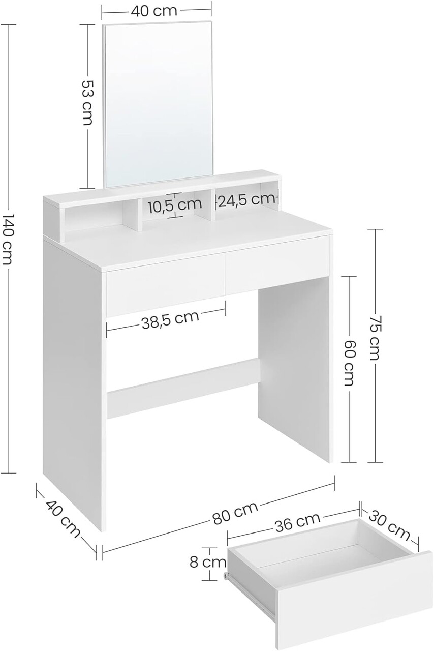 Masa de toaleta cu oglinda / masuta dressing, Vasagle, 80x40x140 cm, PAL, alb