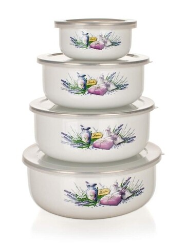 Set 4 boluri emailate cu capac Lavender, Banquet, 0.2 / 0.6 / 0.9 / 1.3 L