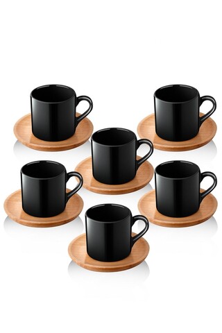 Set 6 cesti cu farfurie TEP - Black, Rowe, ceramica/lemn, negru