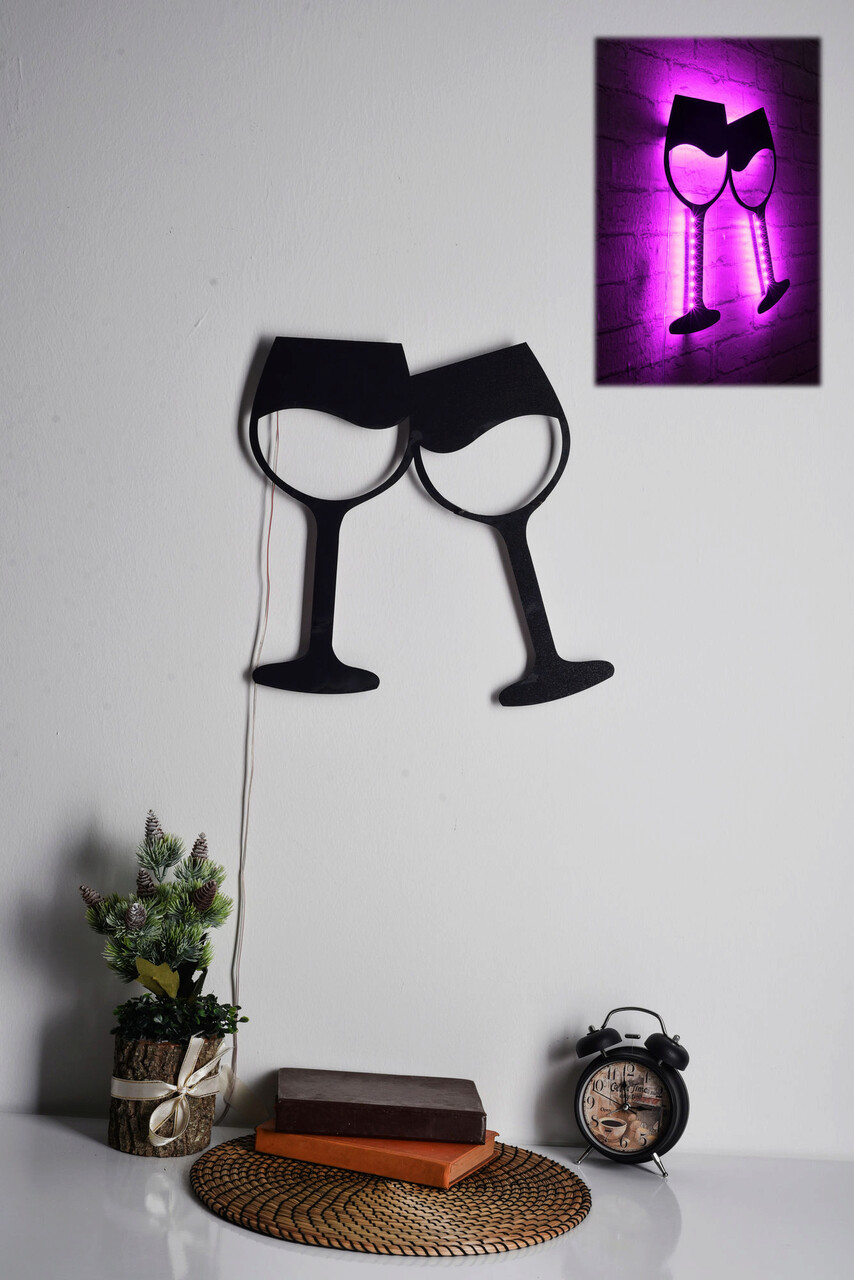 Decoratiune luminoasa LED, Wine Glasses, MDF, 60 LED-uri, Roz