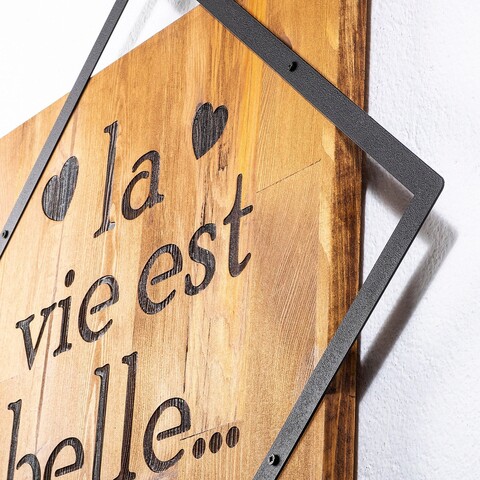 Decoratiune de perete, La Vie Est Belle, 50% lemn/50% metal, Dimensiune: 54 x 54 cm, Nuc / Negru