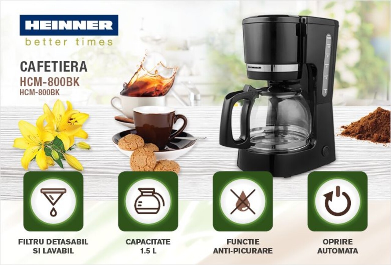 Cafetiera Heinner, 670-800 W, 1.5 L, negru - 1 | YEO