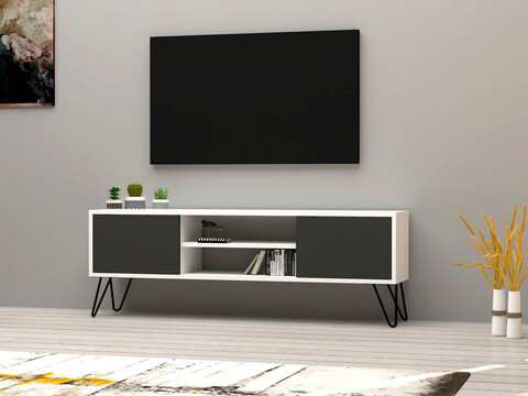 Comoda TV, Puqa Design, Hare, 140x50x30cm, PAL melaminat, Alb / Antracit