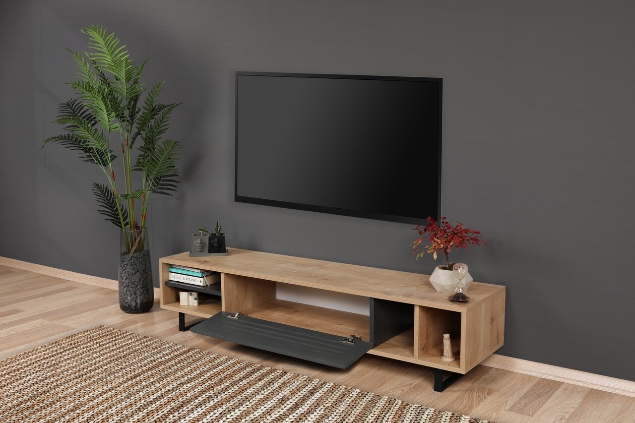 Comoda TV Safir, Puqa Design, 160x35x40 cm, maro/antracit - 2 | YEO