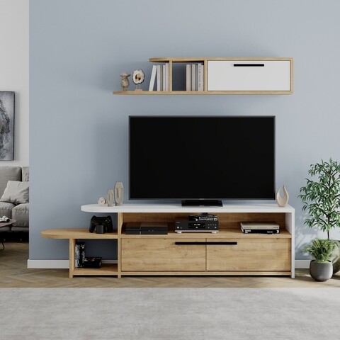 Comoda TV cu raft, Decortie, Lyra, 166.8 x 44.8 x 33 cm, pal melaminat, stejar/alb