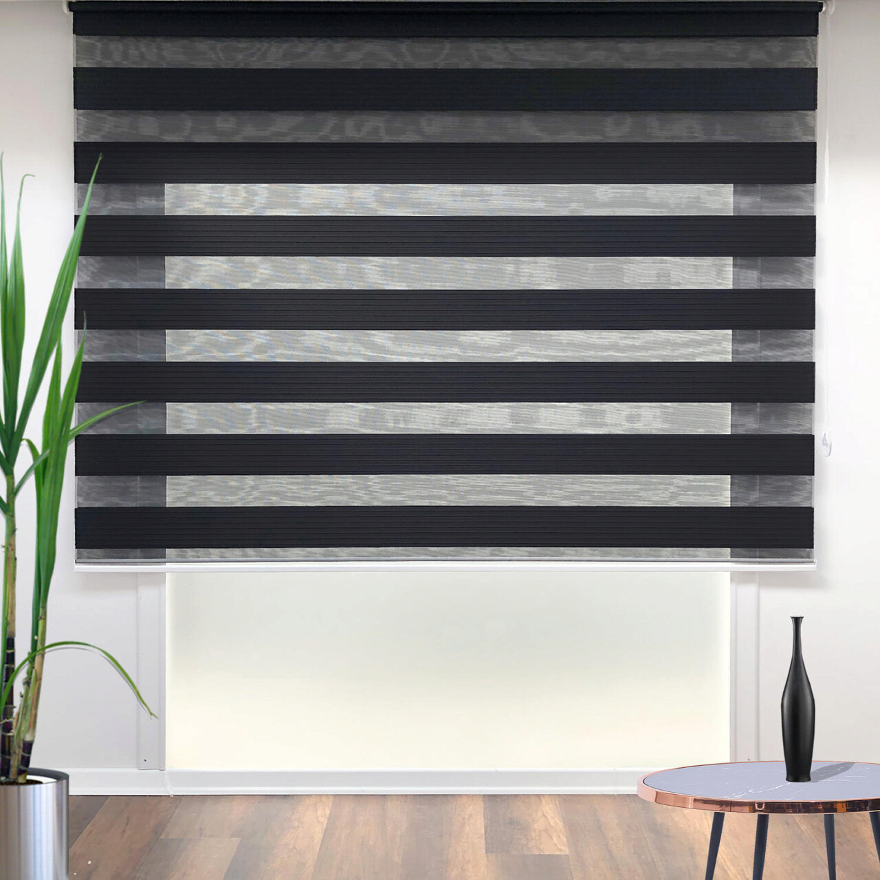 Jaluzea rulou zebra / roleta textila, Pliseli Day &amp; Night, 150x200 cm, poliester, negru