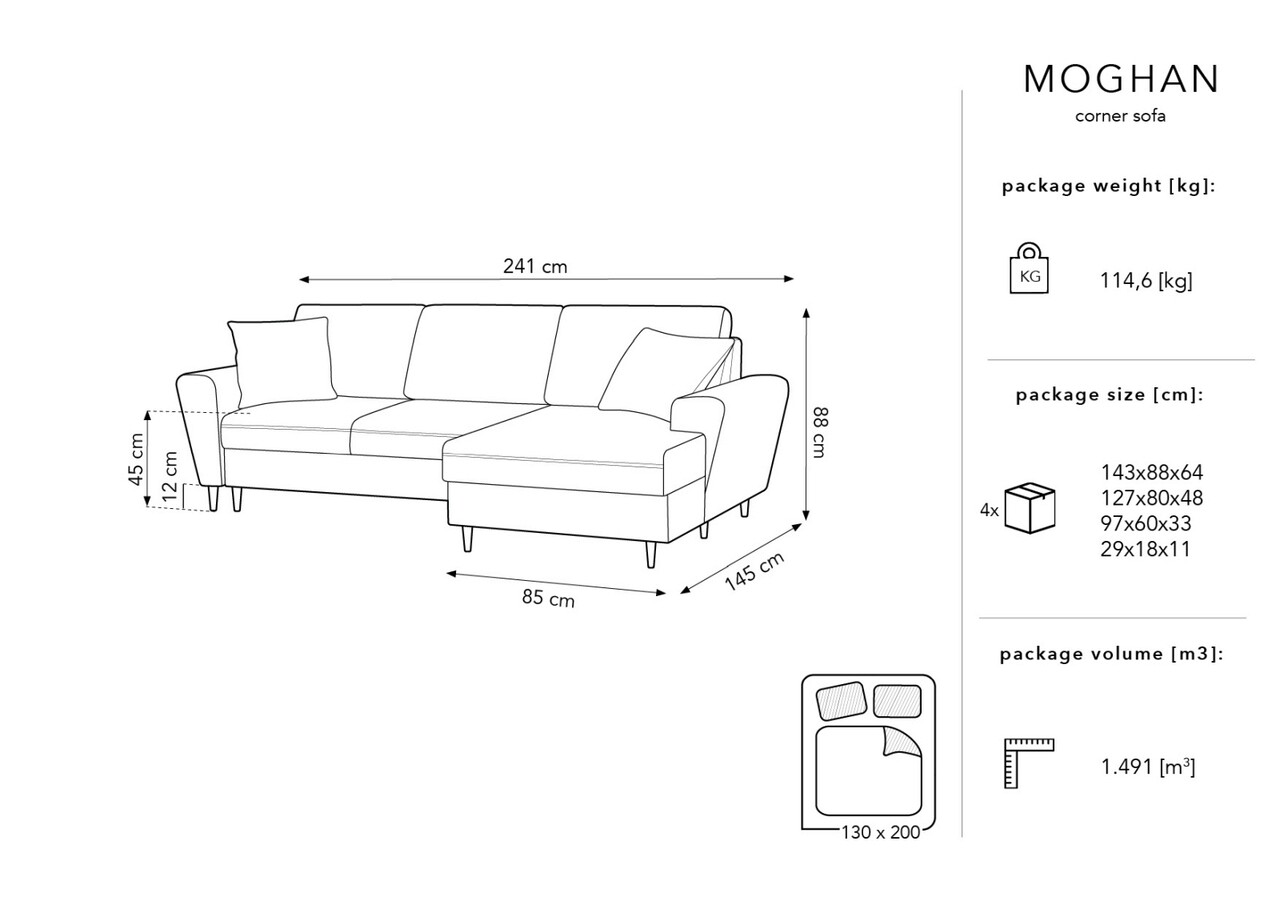 Coltar extensibil dreapta 4 locuri, Moghan, Micadoni Home, GL, 241x145x88 cm, catifea, negru