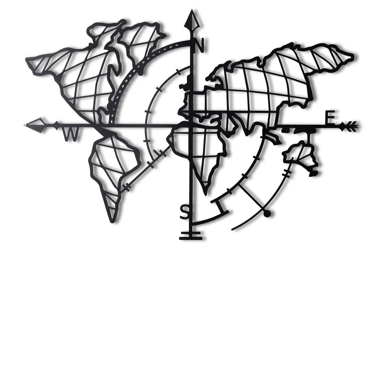 Decoratiune de perete, World Map Compass, Metal, Dimensiune: 65 x 95 cm, Negru - 1 | YEO