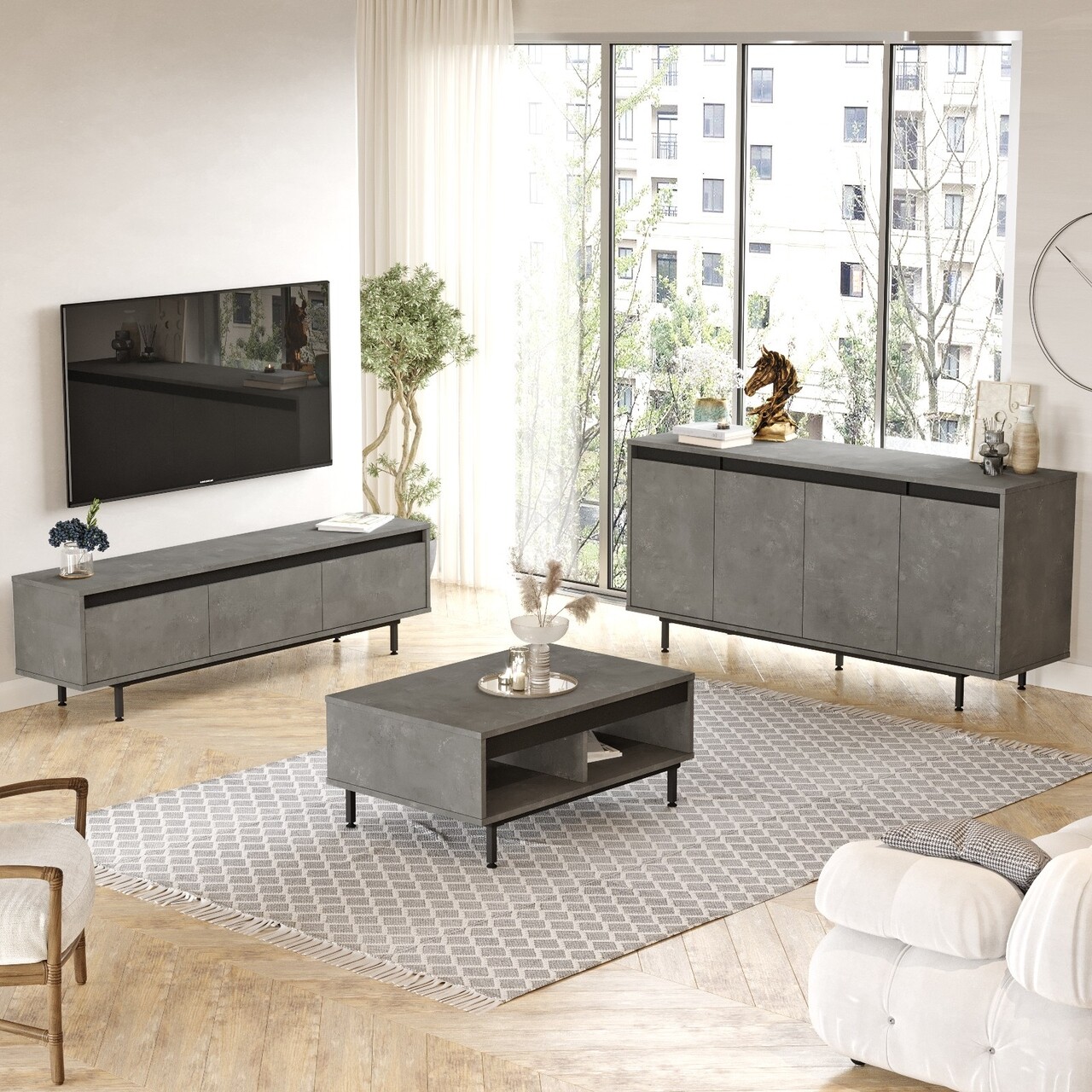 Mobilier living, Locelso, LV34, pal melaminat, gri/negru