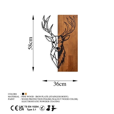 Decoratiune de perete, Red Deer 1, Lemn/metal, Dimensiune: 36 x 58 cm, Nuc / Negru