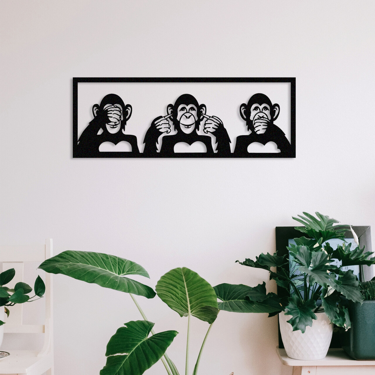 Decoratiune de perete, Three Monkeys-S, Metal, Dimensiune: 50 x 30 cm, Negru